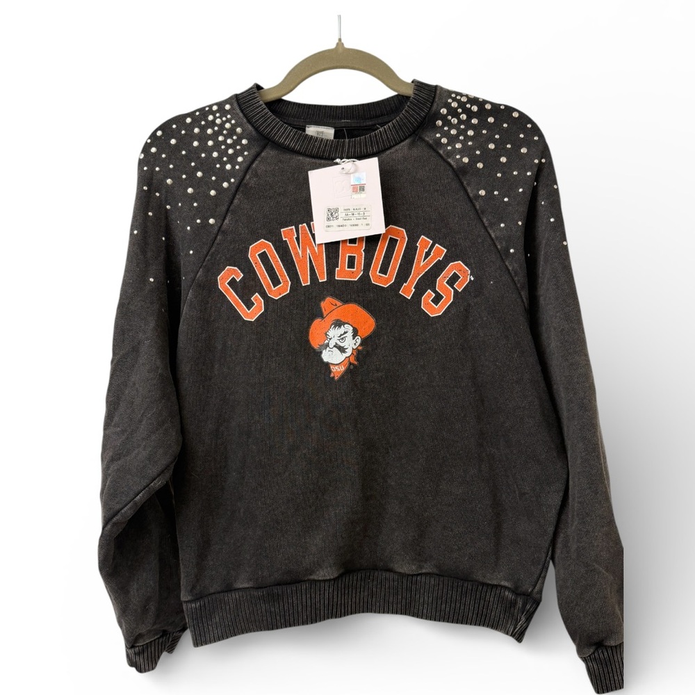 NWT Game Day Couture OSU Cowboys Studded Acid Wash Pullover Sweatshirt - M